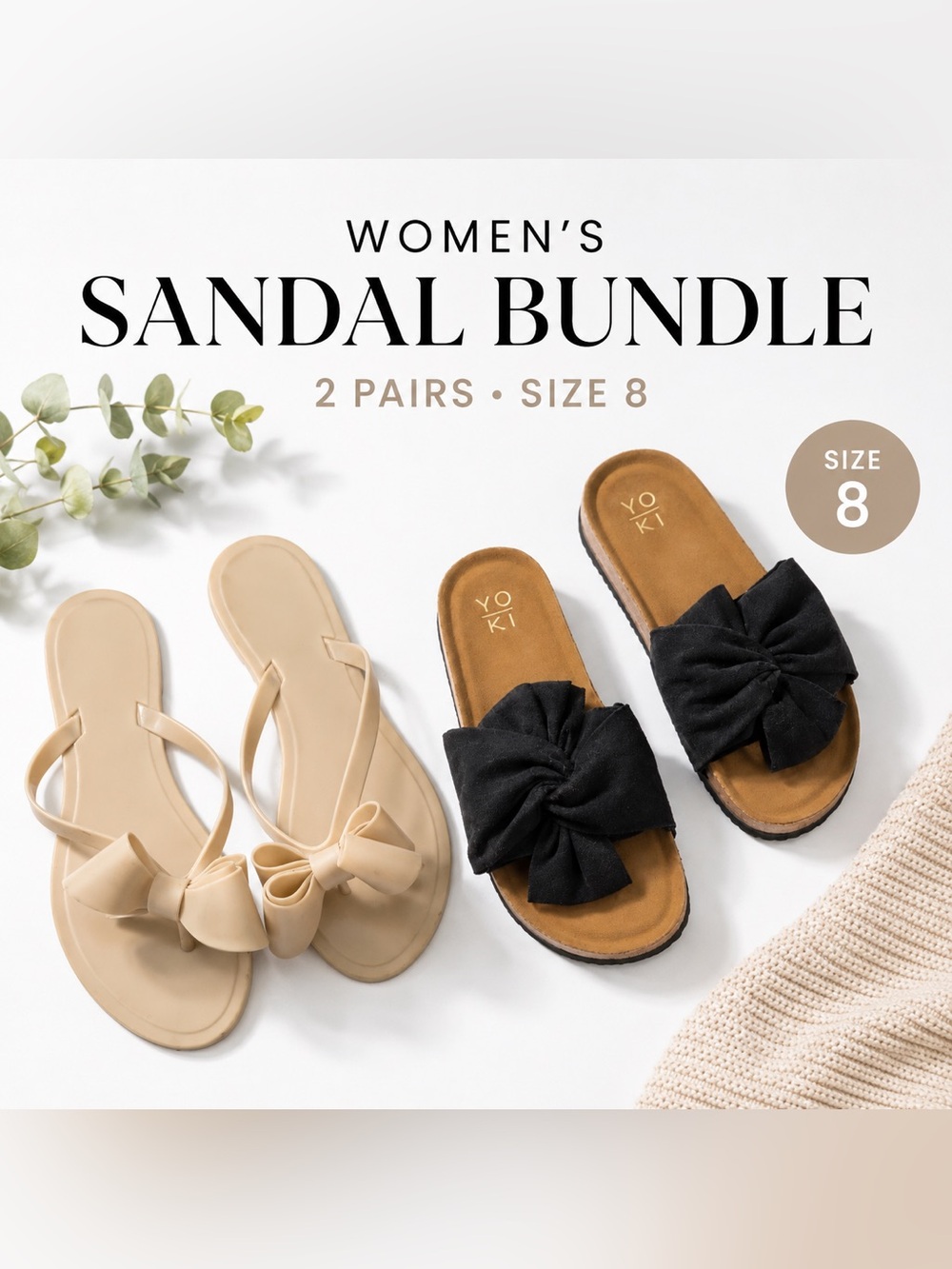 Women’s Sandal Bundle Size 8 Beige Bow Flip Flops & Black Bow Slides